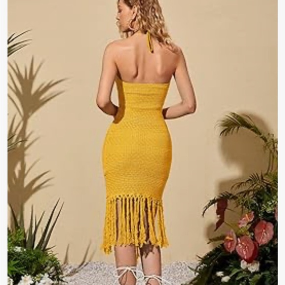 NWT FLOERNS Yellow Crochet Halter Midi Dress with Fringe - Picture 2 of 13